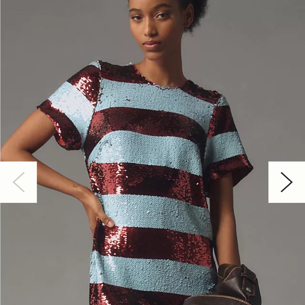 Maeve Sequin Striped Shift Dress in Light Blue and Burgundy